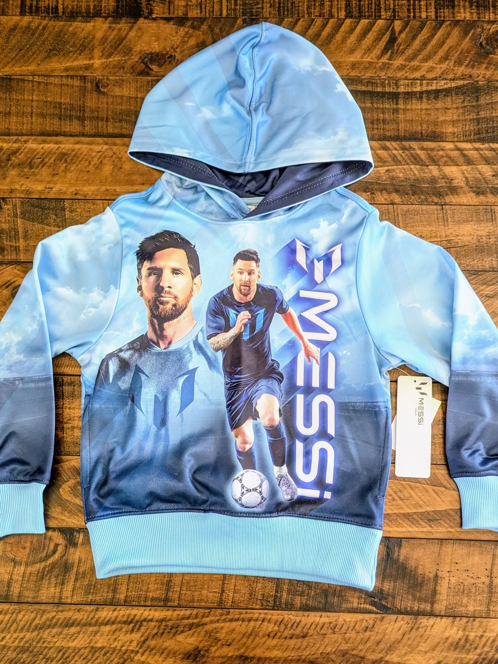 Messi Unisex Kids Pullover Hoodie Small 6/7 Sky Blue Fleece Graphic Logo NWT